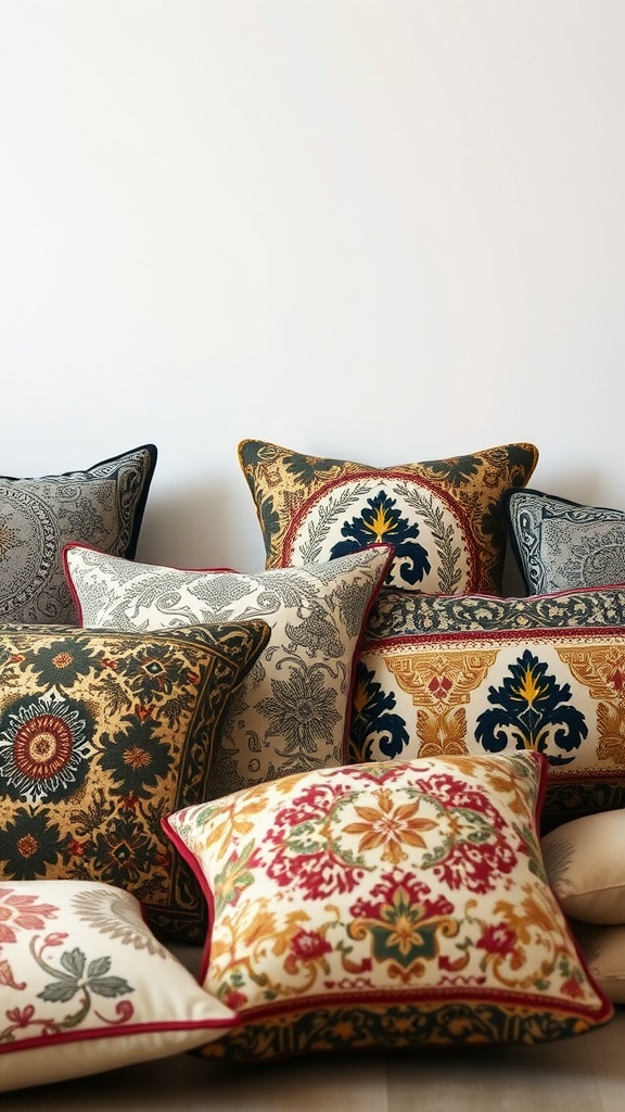 A collection of decorative pillows with intricate patterns featuring colors like deep blue, red, and cream, reflecting Mediterranean and Gothic design elements.