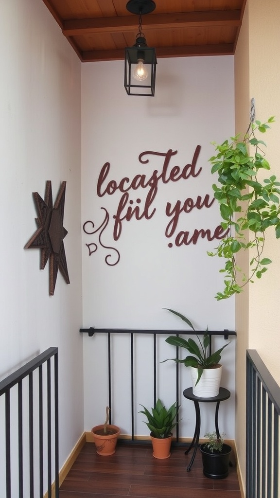 A small balcony with decorative wall art, plants, and a hanging lamp