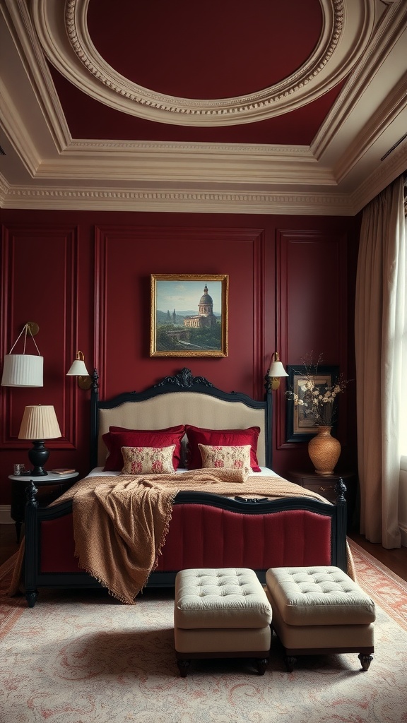 A luxurious bedroom featuring deep burgundy walls, cream bedding, and elegant decor.