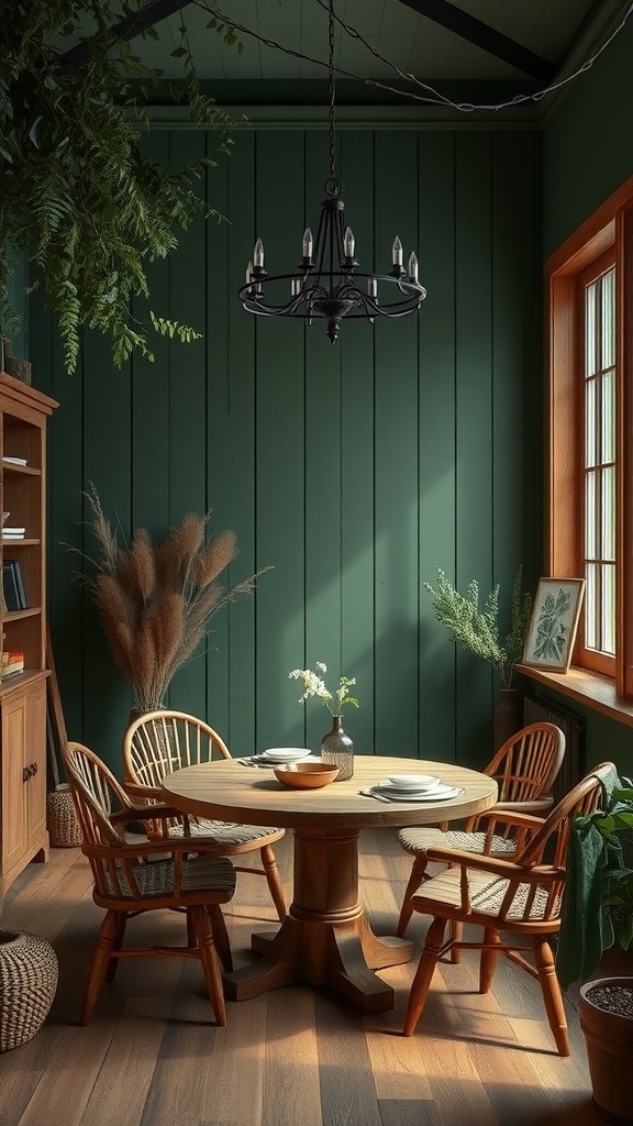 Cozy dining area with deep forest green walls, wooden furniture, plants, and natural light