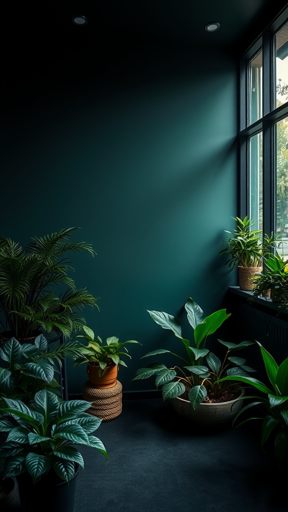 A serene corner with deep forest green walls and various indoor plants, showcasing a calm atmosphere.