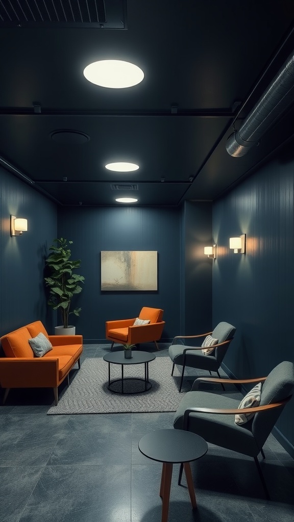 A cozy basement lounge area featuring deep navy walls and vibrant orange furniture.