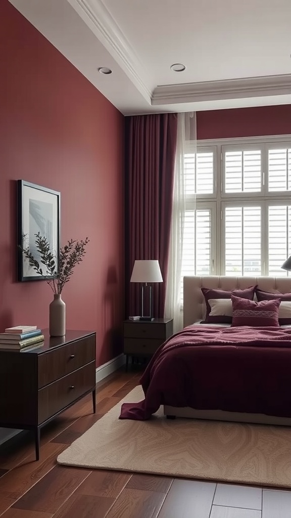 A bedroom featuring deep wine walls, soft neutral bedding, and wooden furniture