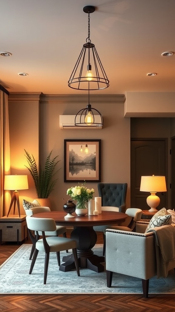 A cozy living room dining room combo featuring a stylish pendant light above a round dining table, complemented by side lamps creating a warm and inviting atmosphere.