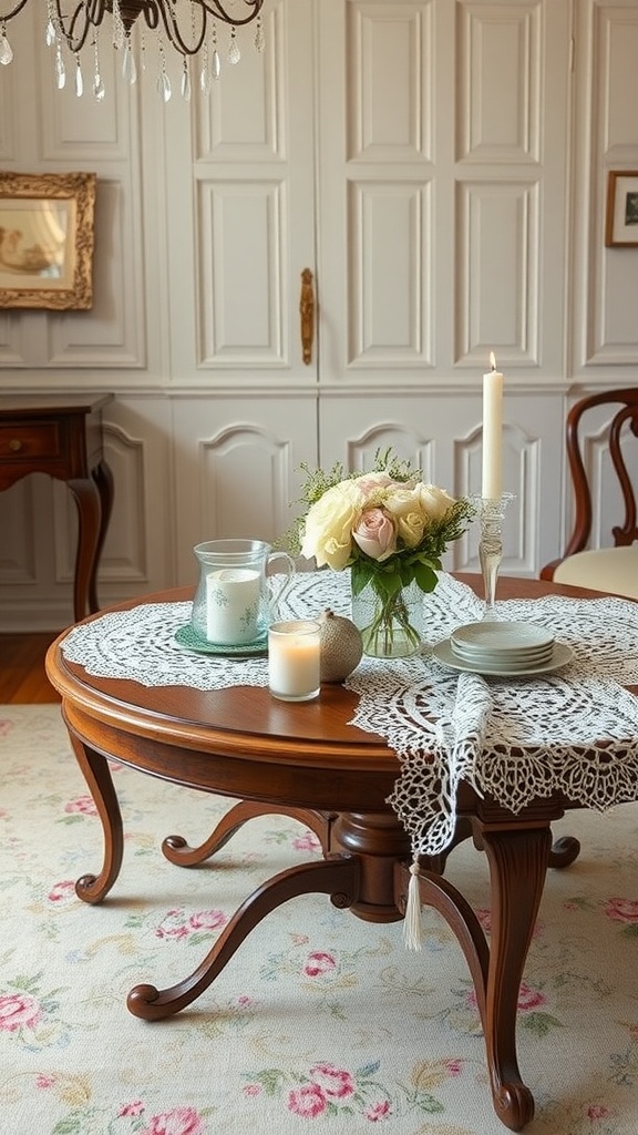 A round wooden table with delicate lace table linens, candles, and a floral arrangement in a cozy living room setting.