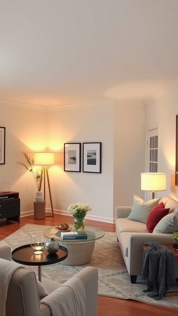 A cozy living room with lamps delineating space, featuring a sofa, coffee table, and warm lighting.