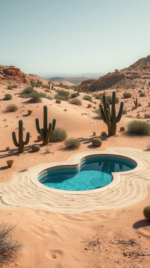 A small, uniquely shaped pool surrounded by desert scenery and cacti.