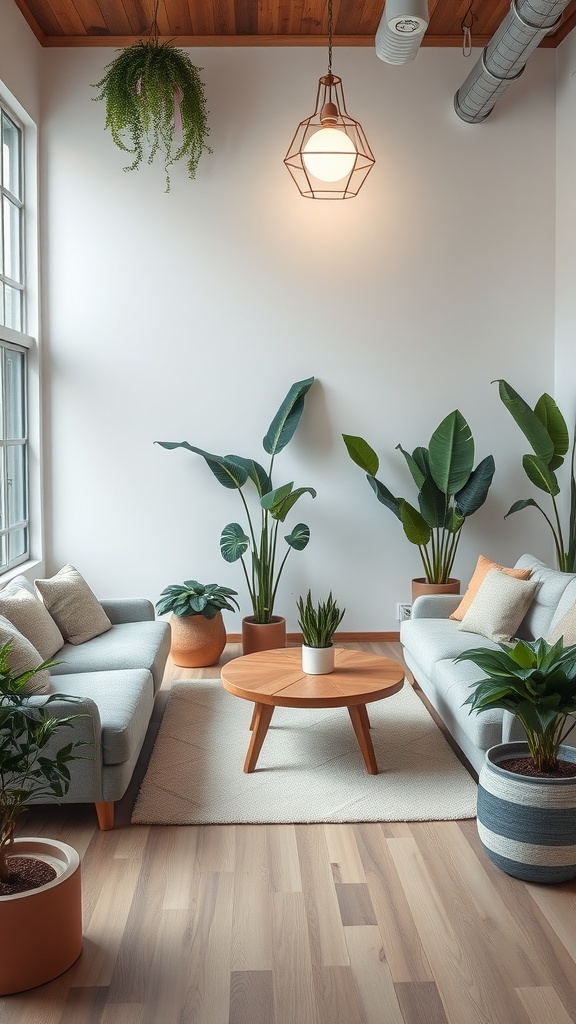 A cozy lounge area featuring gray sofas, a wooden coffee table, and various indoor plants.