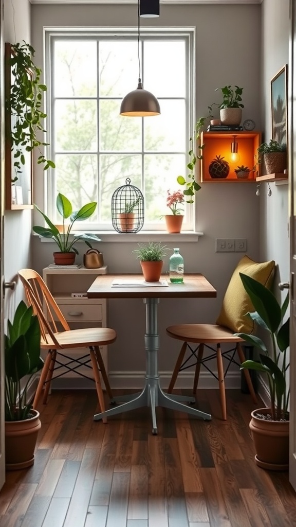 A small dining nook with a wooden table and chairs, surrounded by plants and warm lighting.