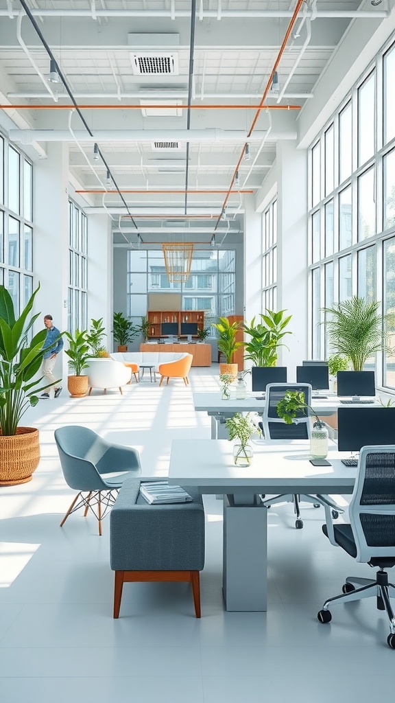A bright, modern office space with plants, comfortable seating, and a collaborative layout.