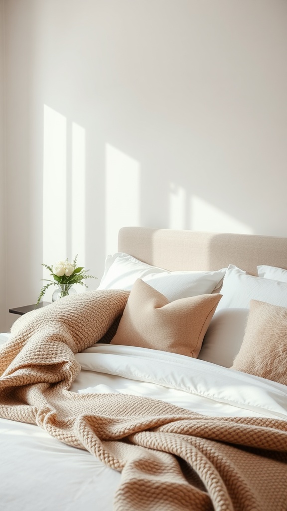 A cozy bed area featuring soft pillows and a knitted blanket in neutral colors, with natural light streaming in.