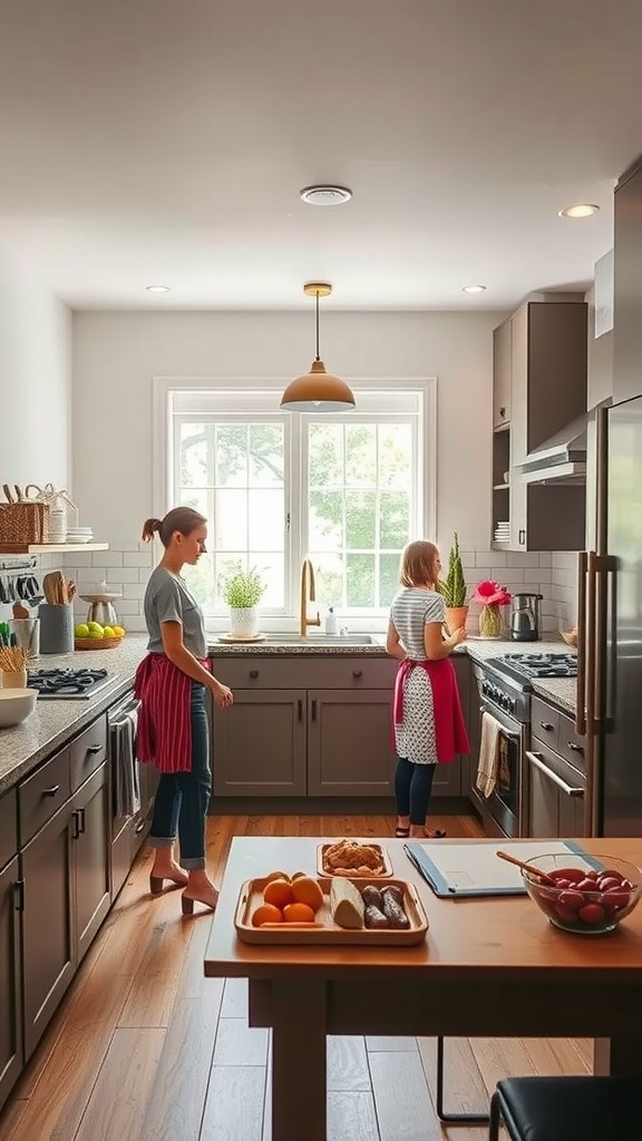 A family-friendly U-shaped kitchen with two individuals cooking together.