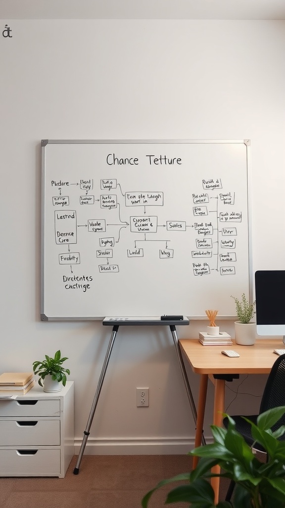 A home office setup with a whiteboard filled with notes, a clean desk, potted plants, and storage drawers.