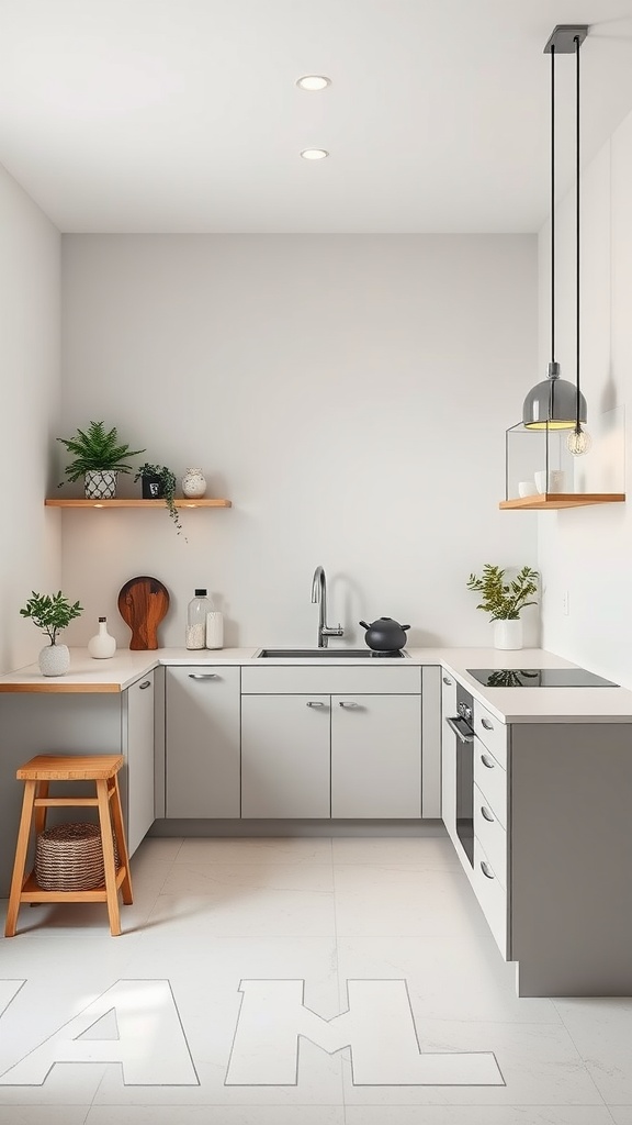 A minimalist U-shaped kitchen featuring gray cabinetry, white countertops, and open shelving with plants.