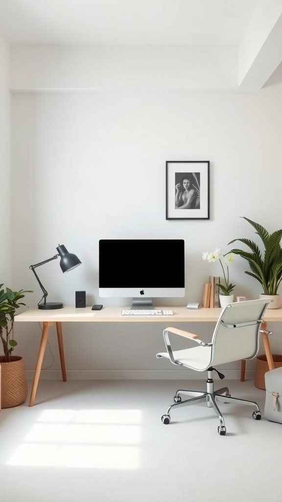 A minimalist home office featuring a wooden desk, computer, and plants.