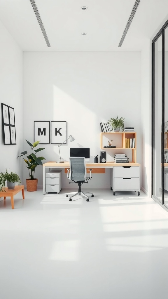 A bright and minimalist office setup with a desk, chair, and plants.