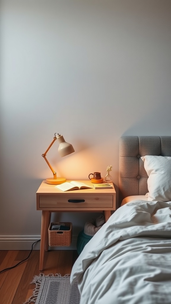 A stylish multi-functional nightstand with a lamp, open book, and decorative items next to a bed.
