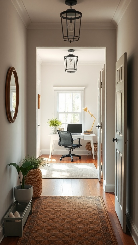 A bright and welcoming entryway leading to a home office, featuring warm wood floors, lantern lights, a round mirror, and a small plant.