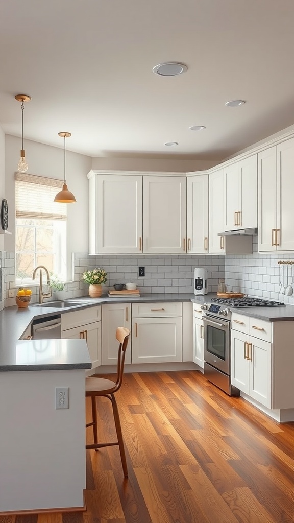 A well-designed U-shaped kitchen with white cabinets, gray countertops, and wooden flooring.