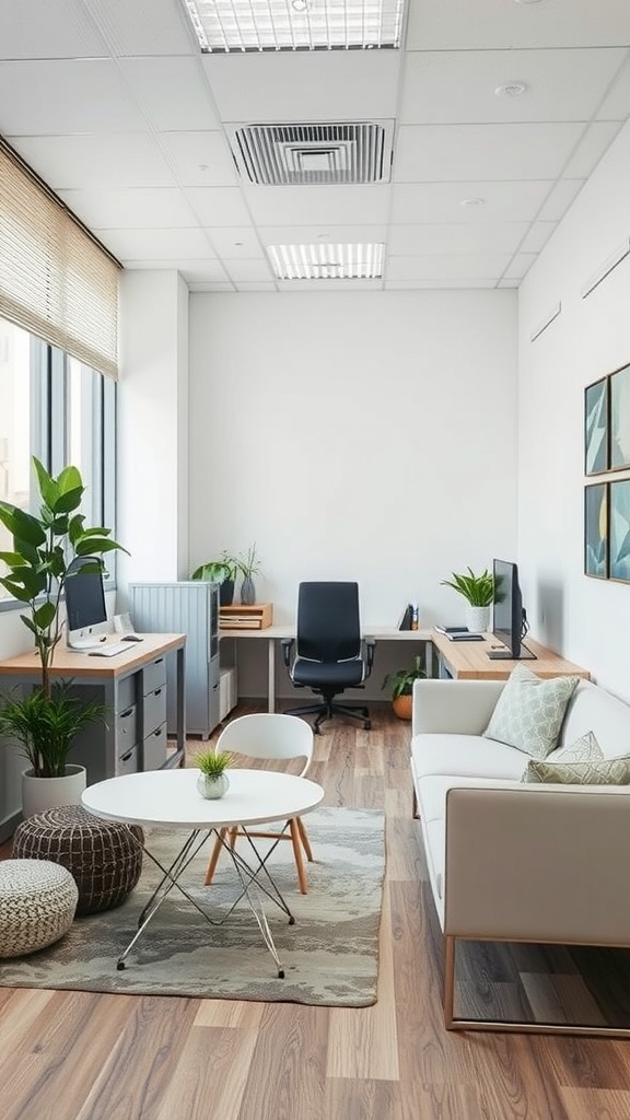 A small office design featuring two workstations, a cozy seating area, and plants for a fresh look.