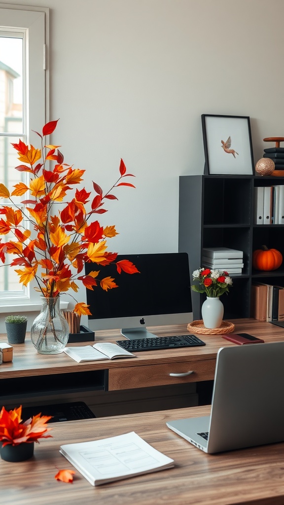 A cozy home office with autumn-themed decor, featuring colorful leaves in a vase and a modern desk setup.