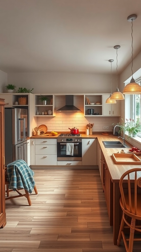 Cozy U-shaped kitchen with warm wood tones and inviting atmosphere