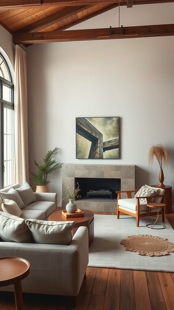 Cozy living room with soft sofas, a stone fireplace, and wooden accents.