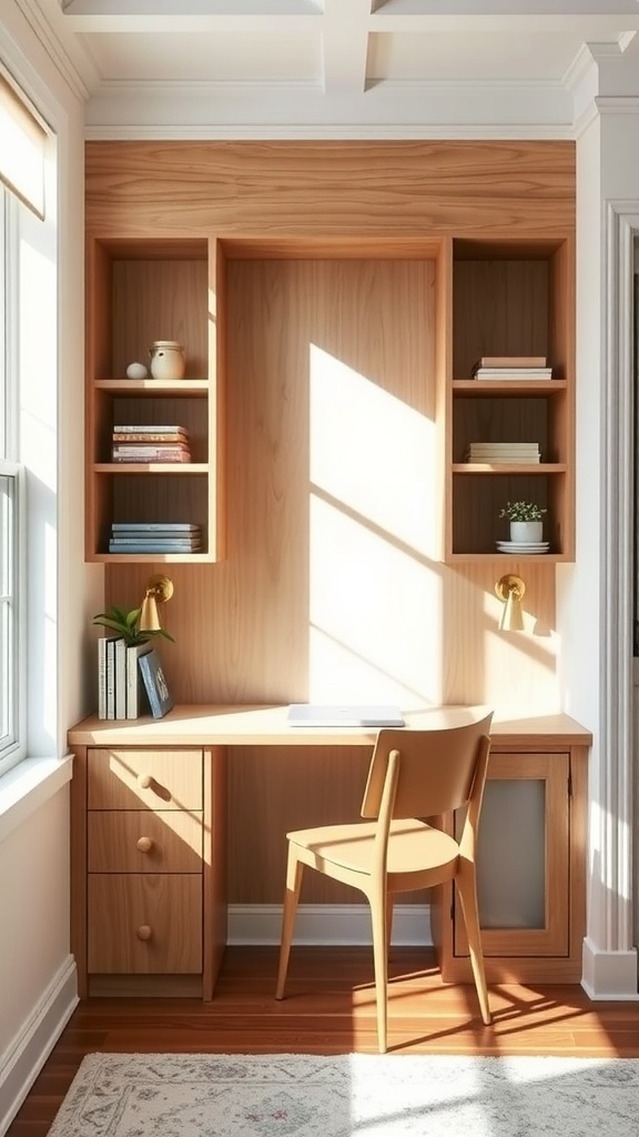 A bright and organized built-in desk with shelves and a comfortable chair, showcasing a minimalist design.