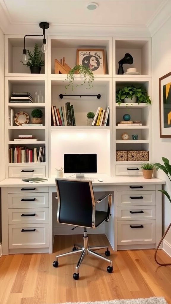 A cozy home office featuring a desk built with Ikea vanities, showcasing plants and decorative items.