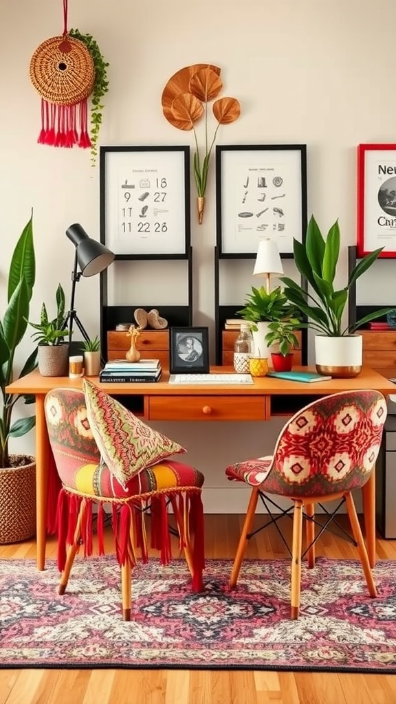 A warm, boho-style home office with a wooden desk for two, surrounded by plants and cozy decor.