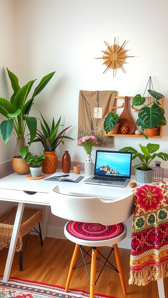 A cozy boho-style home office for two featuring a wooden desk, colorful patterned chairs, plants, and vibrant wall decor.