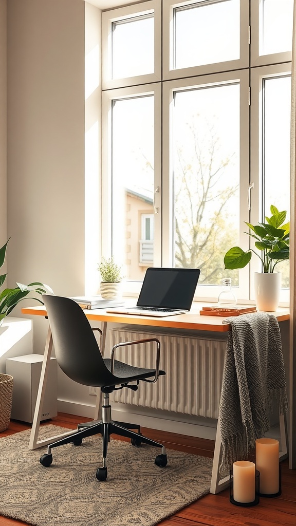 Cozy desk setup featuring a laptop, chair, and plants by a window.