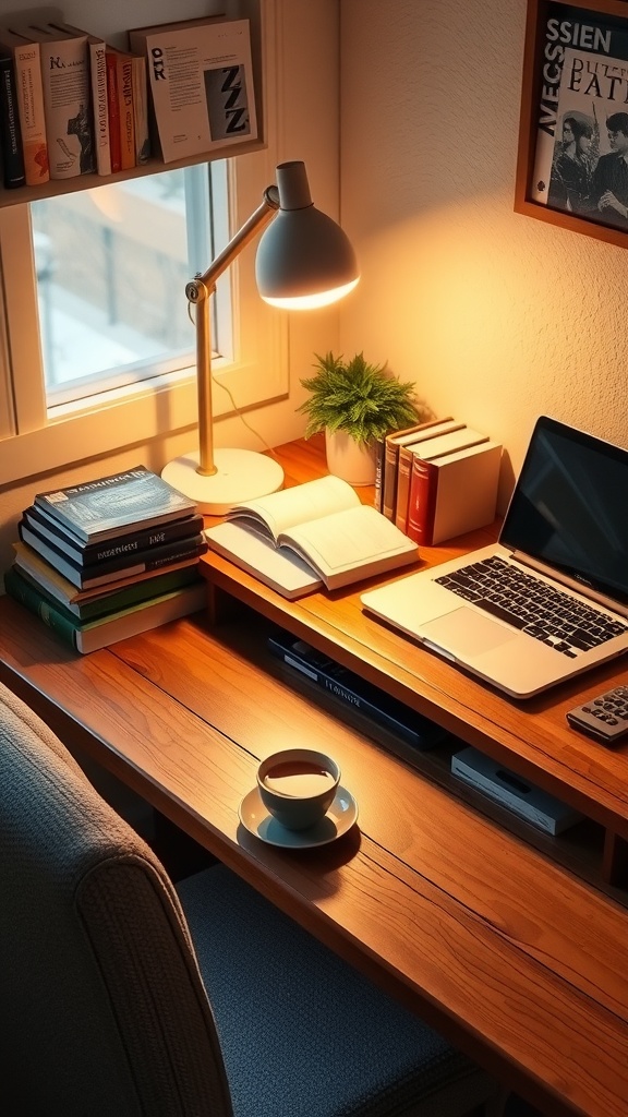 A cozy desk setup for studying with a laptop, books, a desk lamp, and a cup of coffee