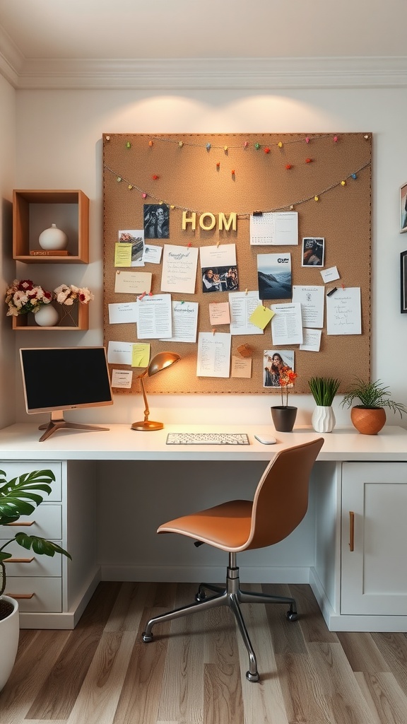 A stylish home office setup featuring a white desk, a cork bulletin board filled with notes and photos, a computer, and decorative plants.
