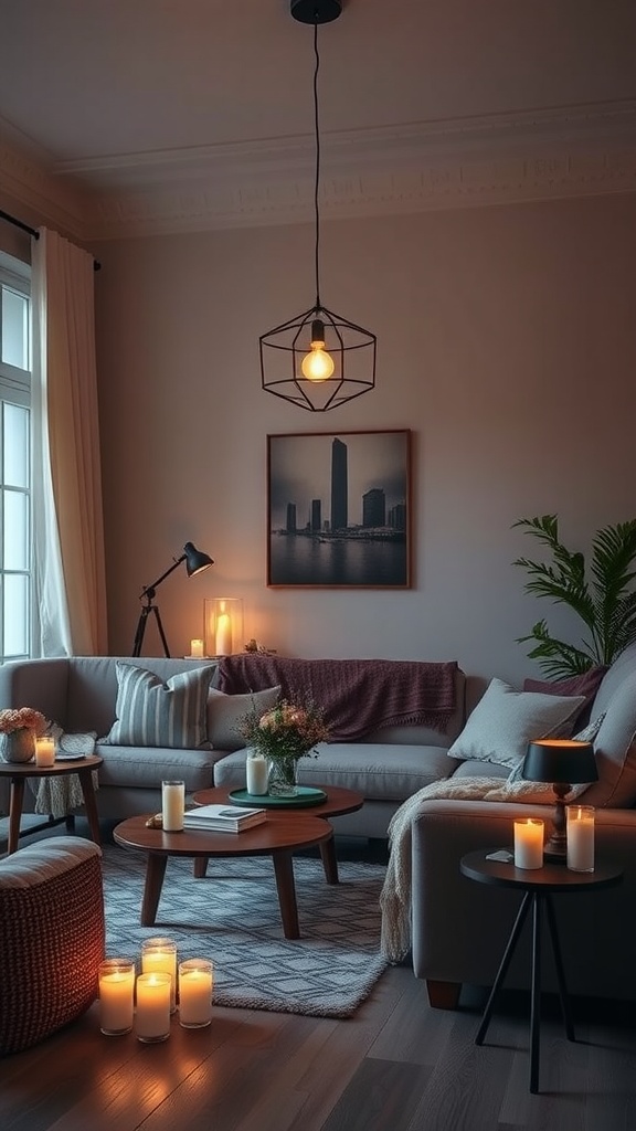 A cozy living room with dimmable lighting, pendant light, candles, and warm decor.