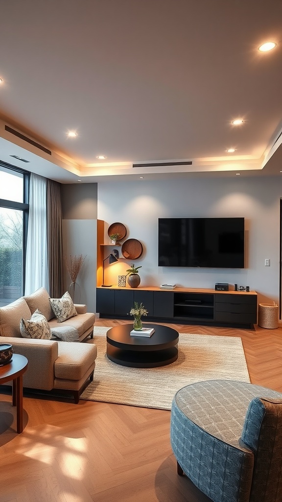 A modern living room with dimmable recessed lighting, cozy seating, and an entertainment unit.