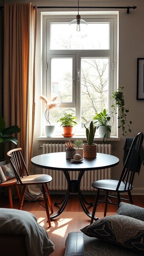 A cozy dining area by a window featuring a round black table, two chairs, and plants on the windowsill.