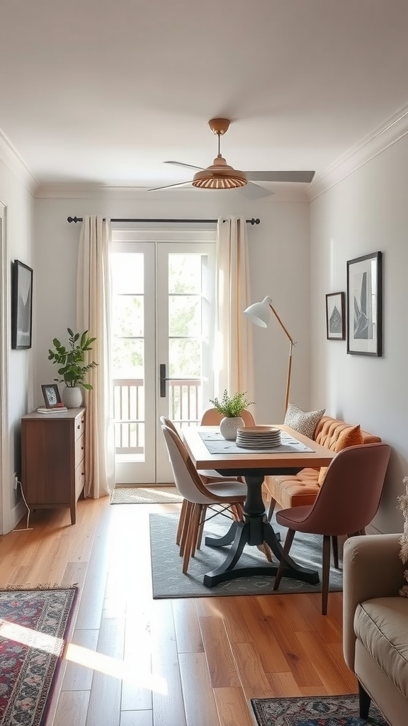 A cozy small living room with a dining table near the entryway, featuring a warm color scheme and natural light.
