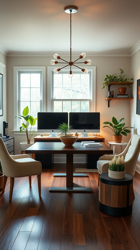 A stylish home office setup in a dining room with two workstations, plants, and a modern chandelier.