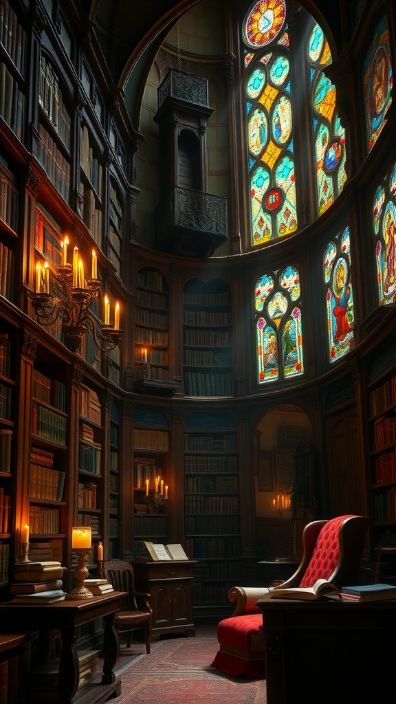 A gothic-style library featuring tall bookshelves, stained glass windows, and a cozy red chair.