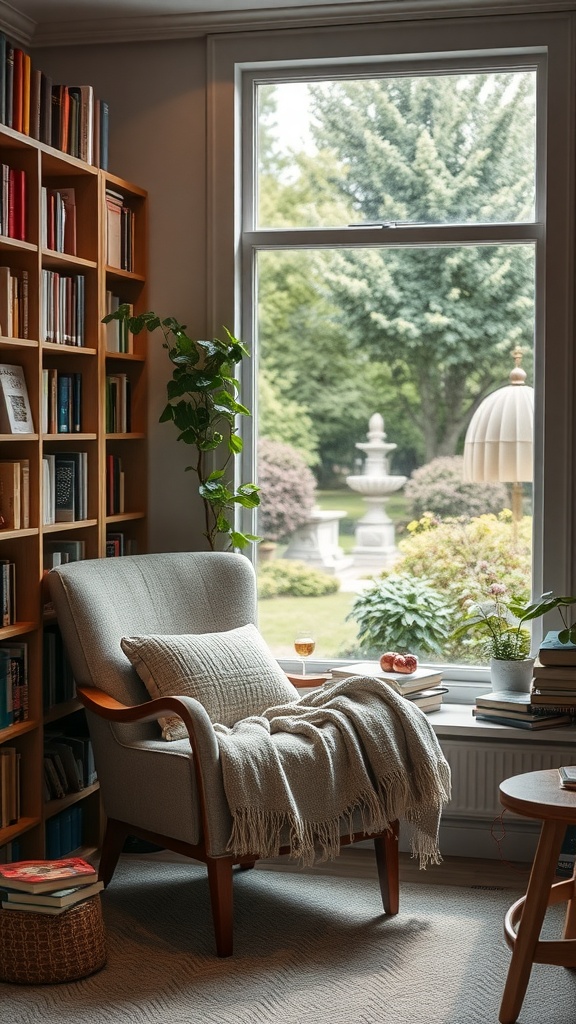 Cozy reading nook with a chair, bookshelves, and a view of greenery outside.