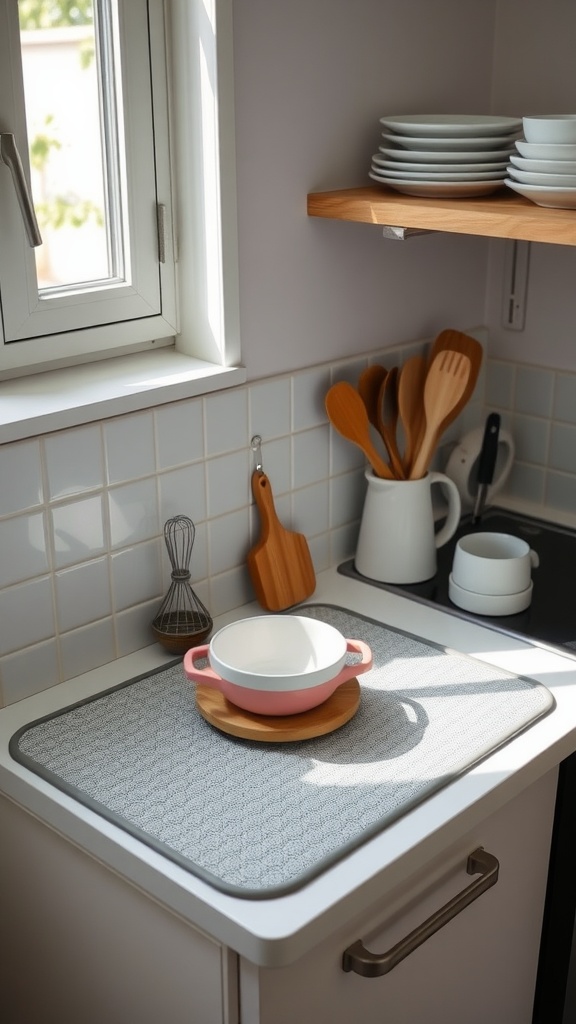 A modern kitchen countertop with a foldable dish-drying mat, showcasing a pink dish and wooden elements.