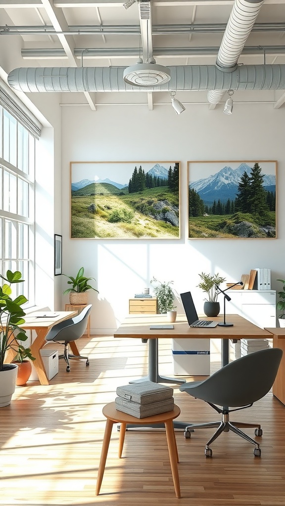 An office space featuring nature photography on the walls, with plants and modern furniture.