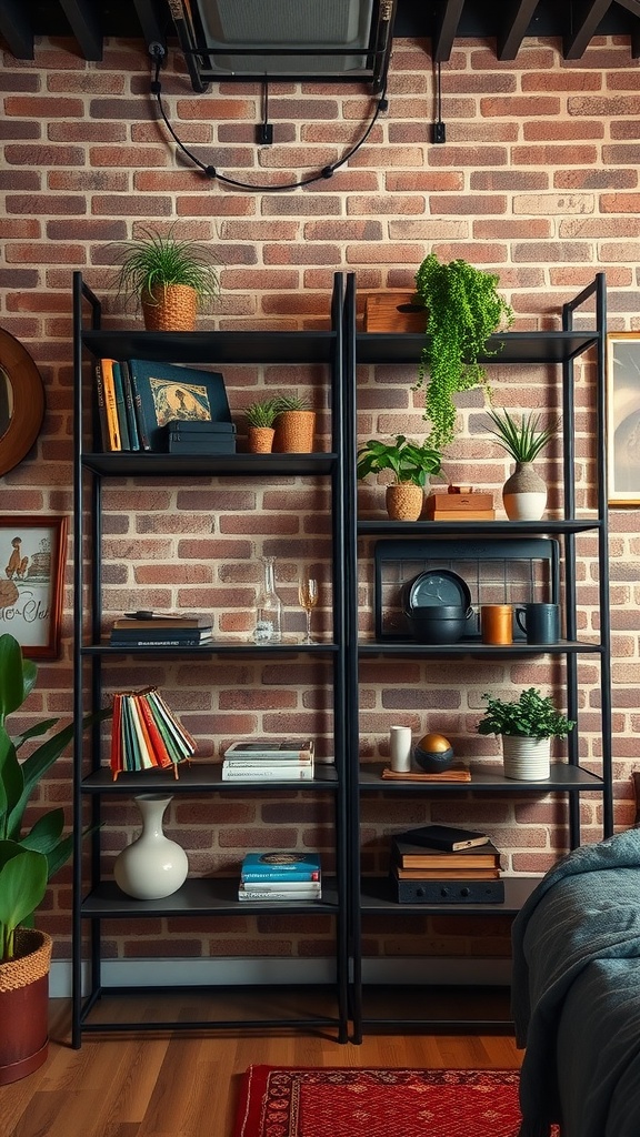 A modern industrial bedroom featuring black metal shelving units against a brick wall, displaying books and plants.