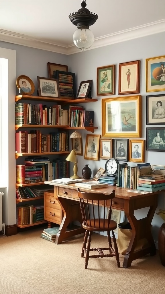 A cozy home office featuring a wooden desk, bookshelves filled with books, and framed artworks on the wall.