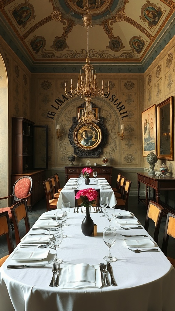 A luxurious dining room in Mantua featuring elegant table settings, a chandelier, and beautiful wall art.