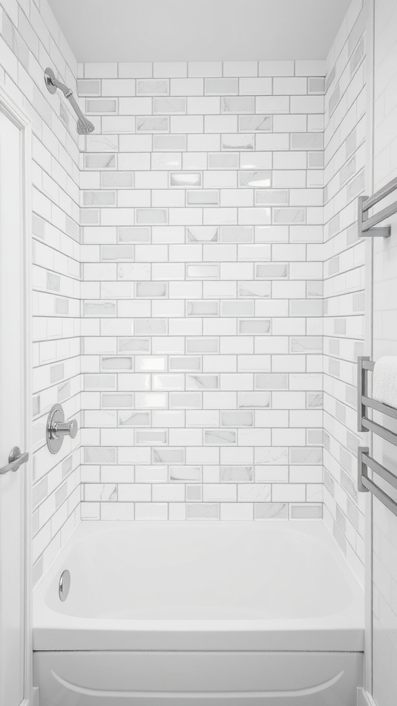 Bathroom with gray and white tiles featuring a distinctive gray tile border