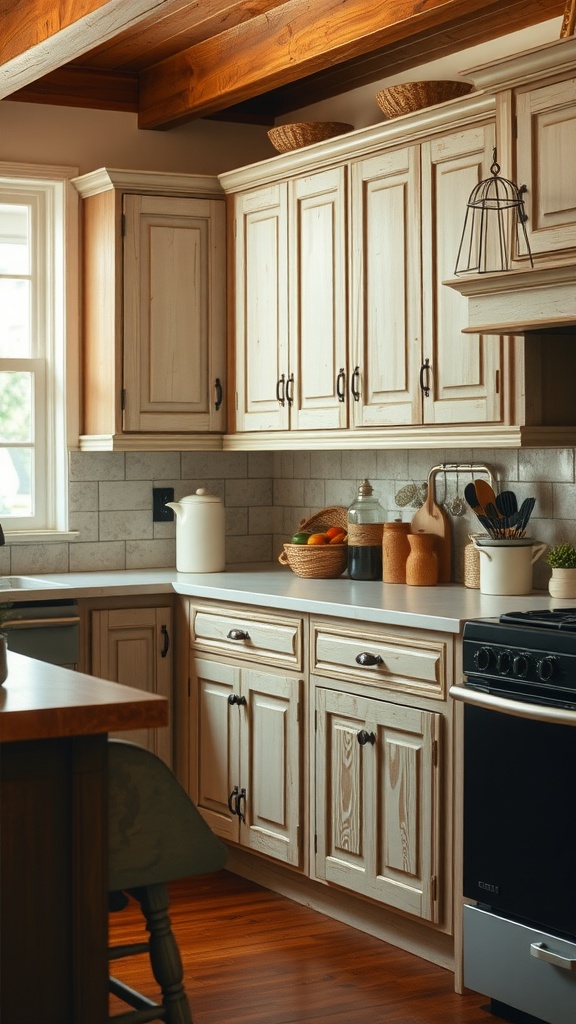 A rustic kitchen with distressed finish cabinets and warm wooden accents