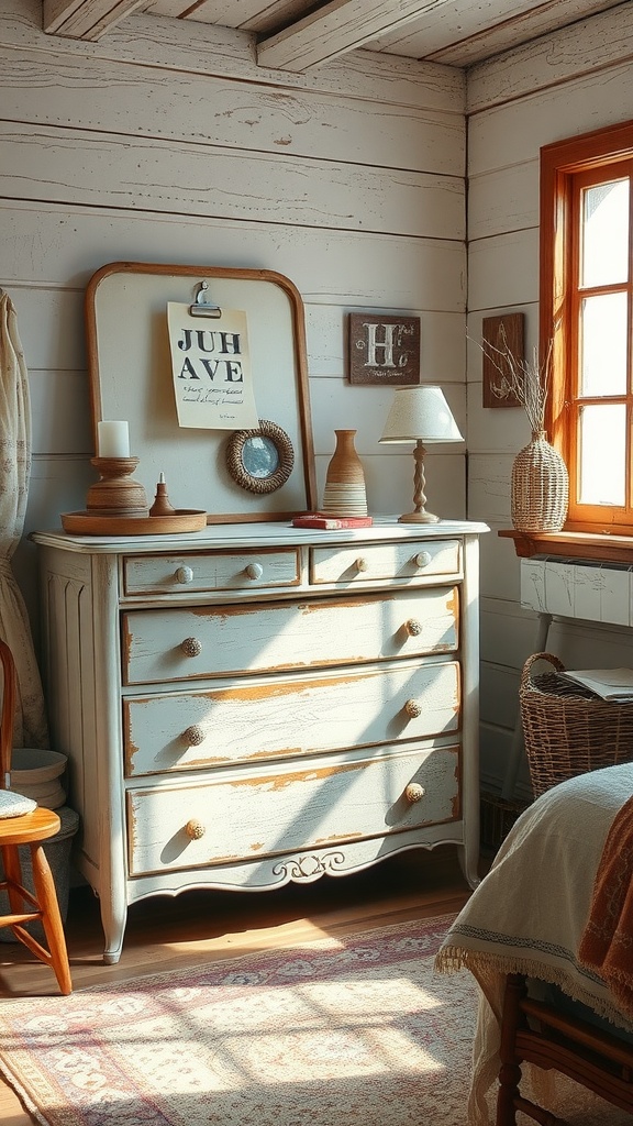 A distressed painted dresser in a rustic bedroom setting, featuring soft blue paint and vintage decor.