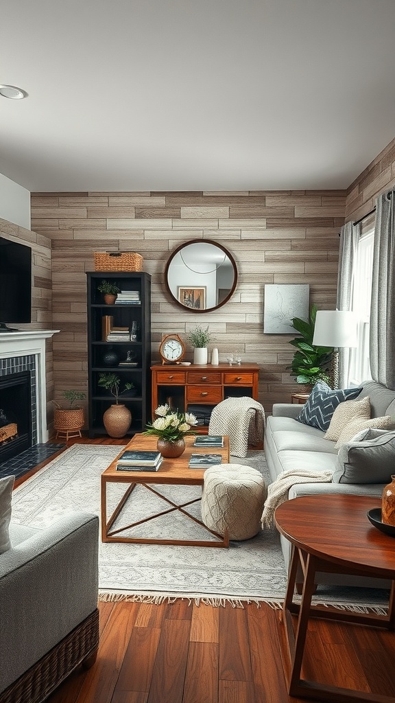 Cozy living room featuring distressed wood accents and rustic decor.